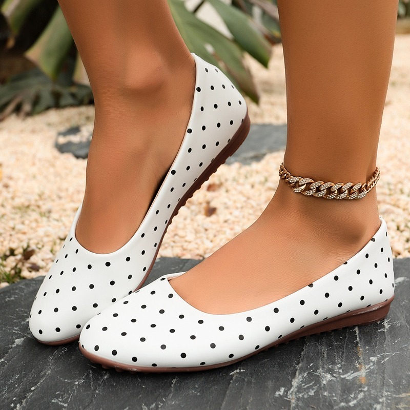 Women'S Fashion Loafers - Ladies White Polka Dot Flats Round