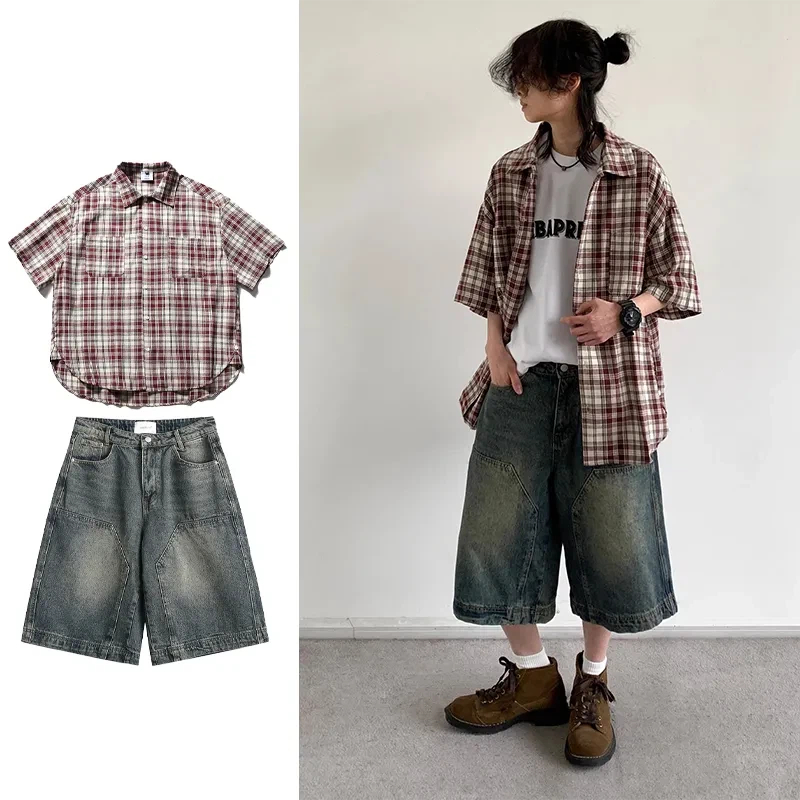 Denim Shorts Women - Japanese Youth Style Men Women Plaid