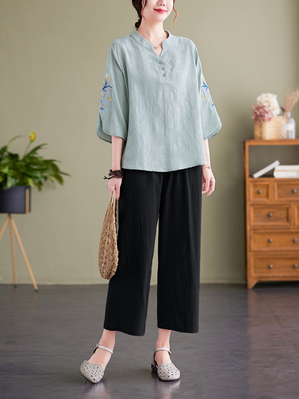 Women Fashion Over The Years - Elegant Embroidered Cotton Linen Casual V-neck