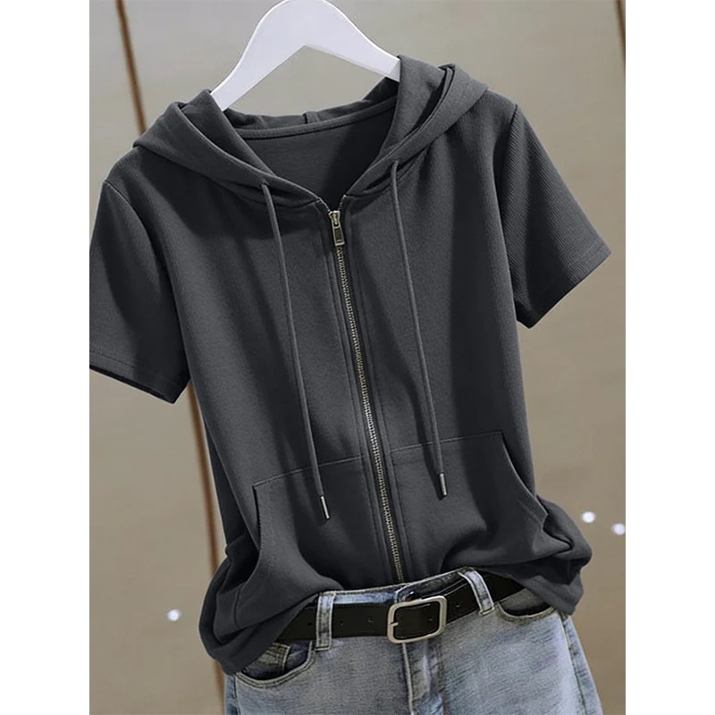Women Summer Zip‑Up Short Slee - đánh giá và giá Women'S Fashion Zip Hoodie