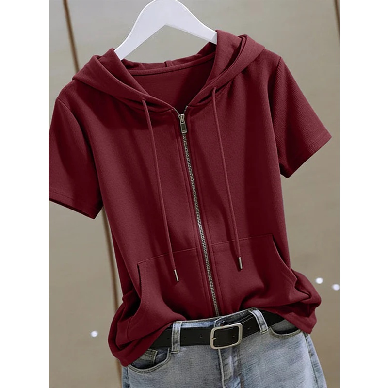 Women Summer Zip‑Up Short Slee - đánh giá và giá Women'S Fashion Zip Hoodie
