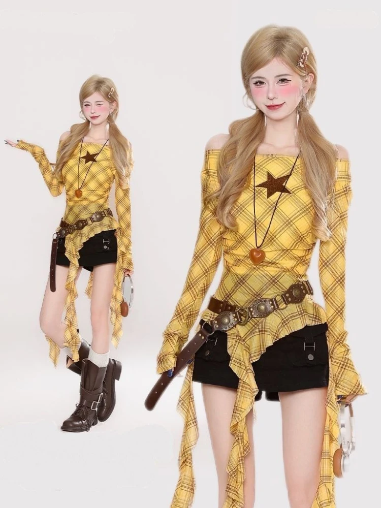 Y2K Plaid Slash Neck Vintage T - đánh giá và giá Women'S Y2K Fashion Aesthetic