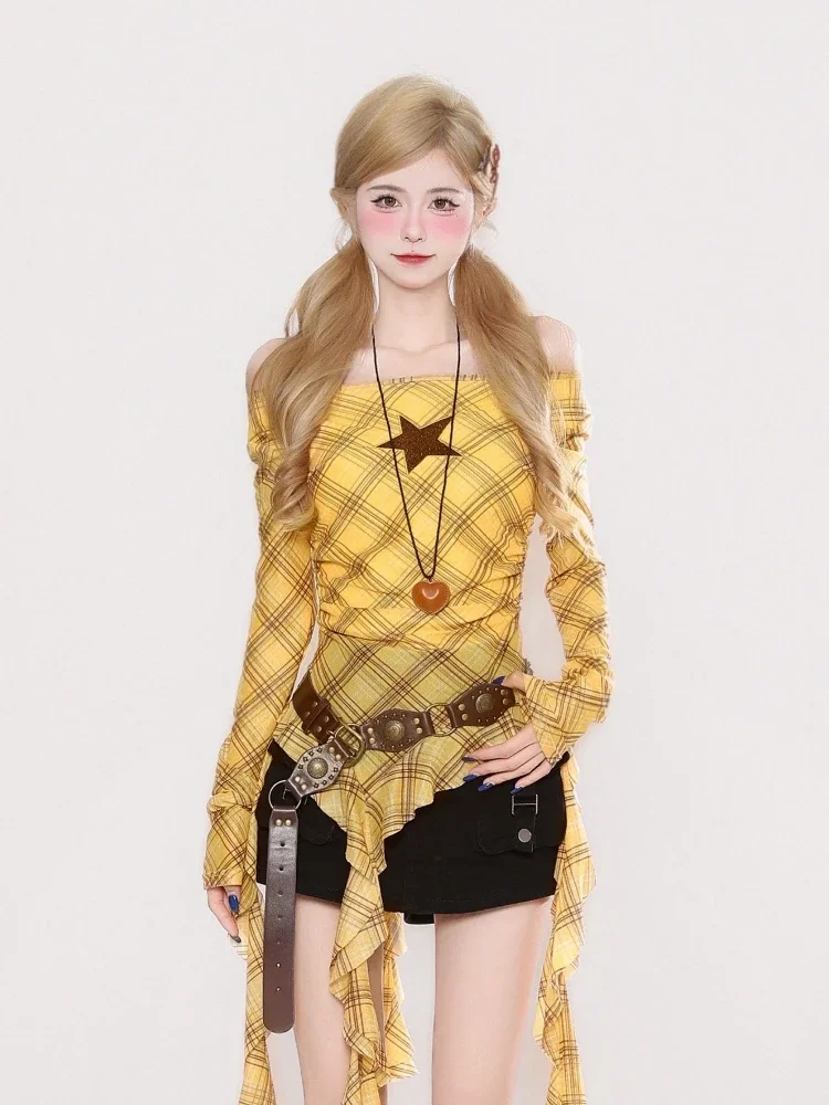 Y2K Plaid Slash Neck Vintage T - đánh giá và giá Women'S Y2K Fashion Aesthetic