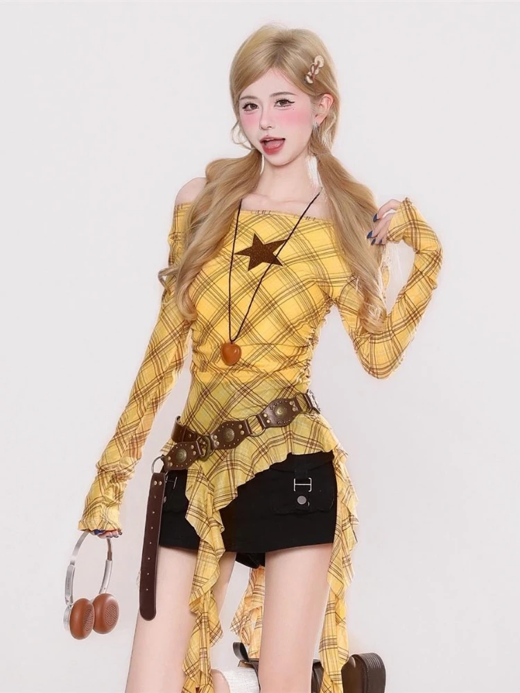 Y2K Plaid Slash Neck Vintage T - đánh giá và giá Women'S Y2K Fashion Aesthetic