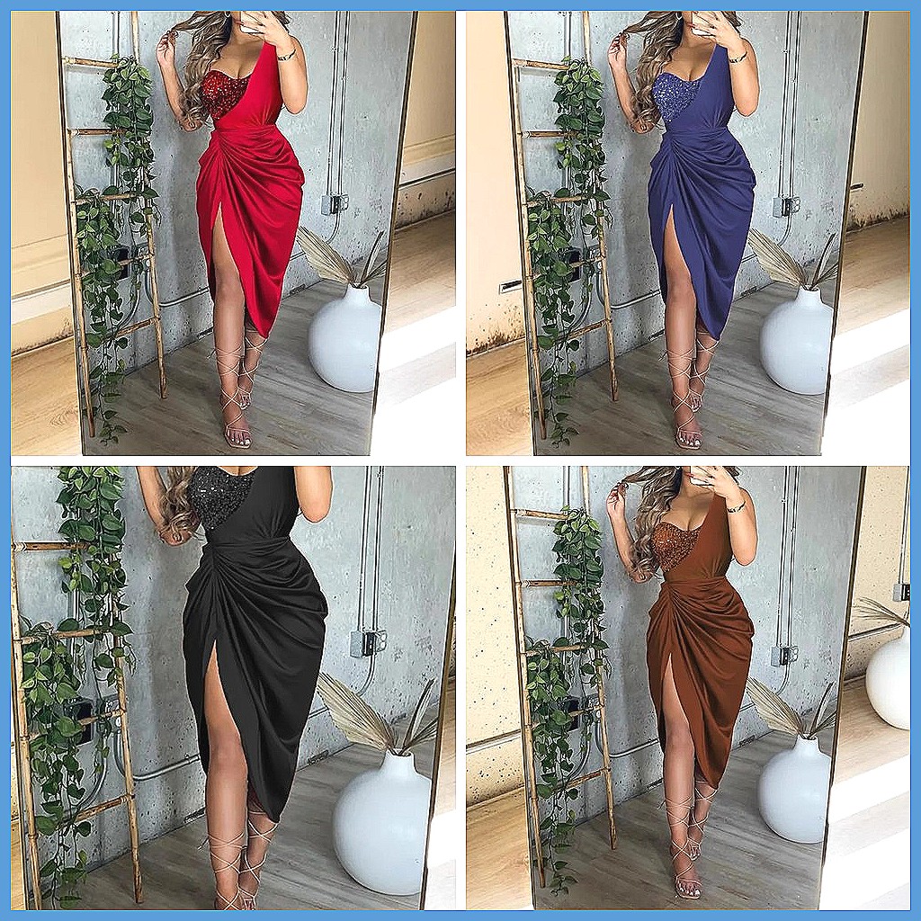 Sequin One Shoulder Slit Long  - đánh giá và giá Smocked Dress Women