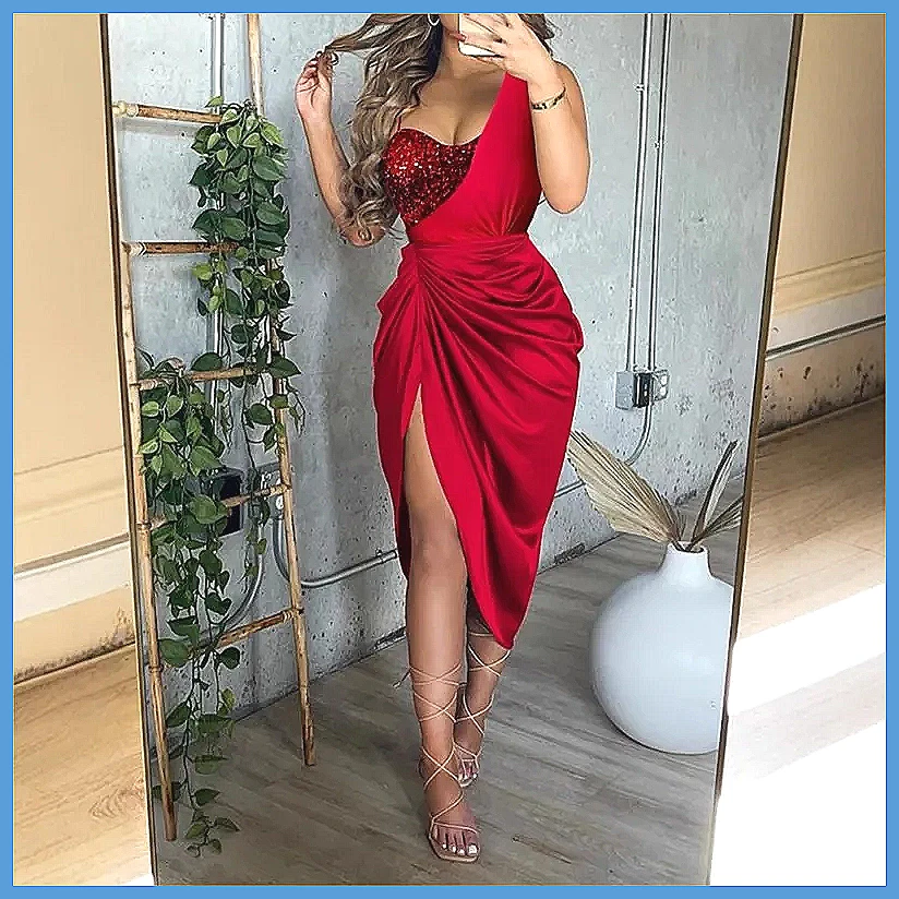 Sequin One Shoulder Slit Long  - đánh giá và giá Smocked Dress Women
