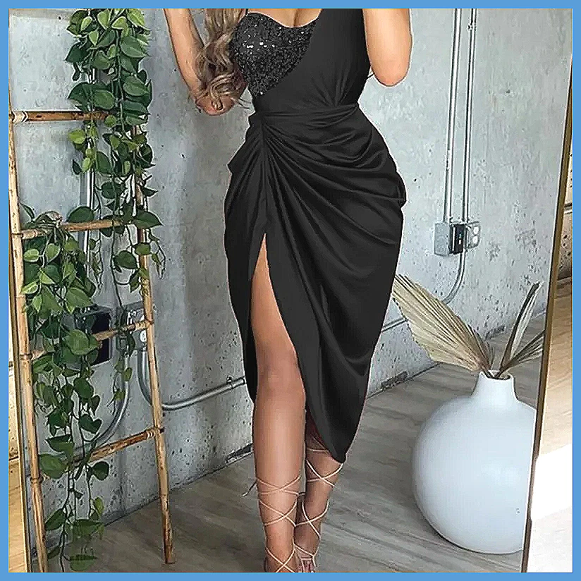 Sequin One Shoulder Slit Long  - đánh giá và giá Smocked Dress Women